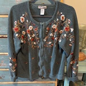Heirloom Collectibles sz L Teal Floral Embroidered Zip-Front Cardigan